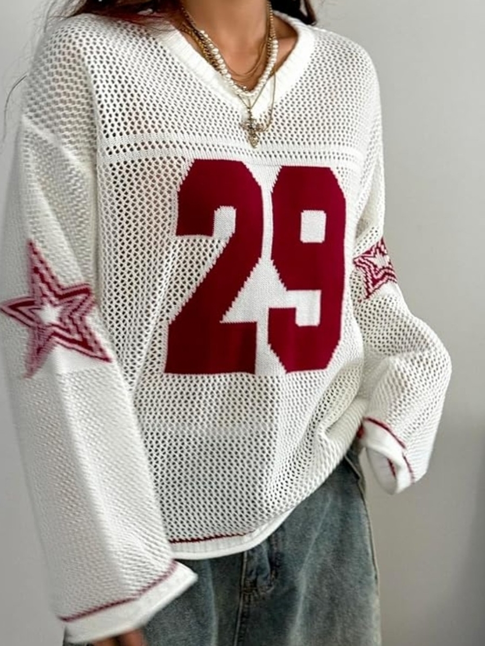 Women's Cream Off-the-Shoulder Knit Sweater with Red Graphic - Picture 5 of 5